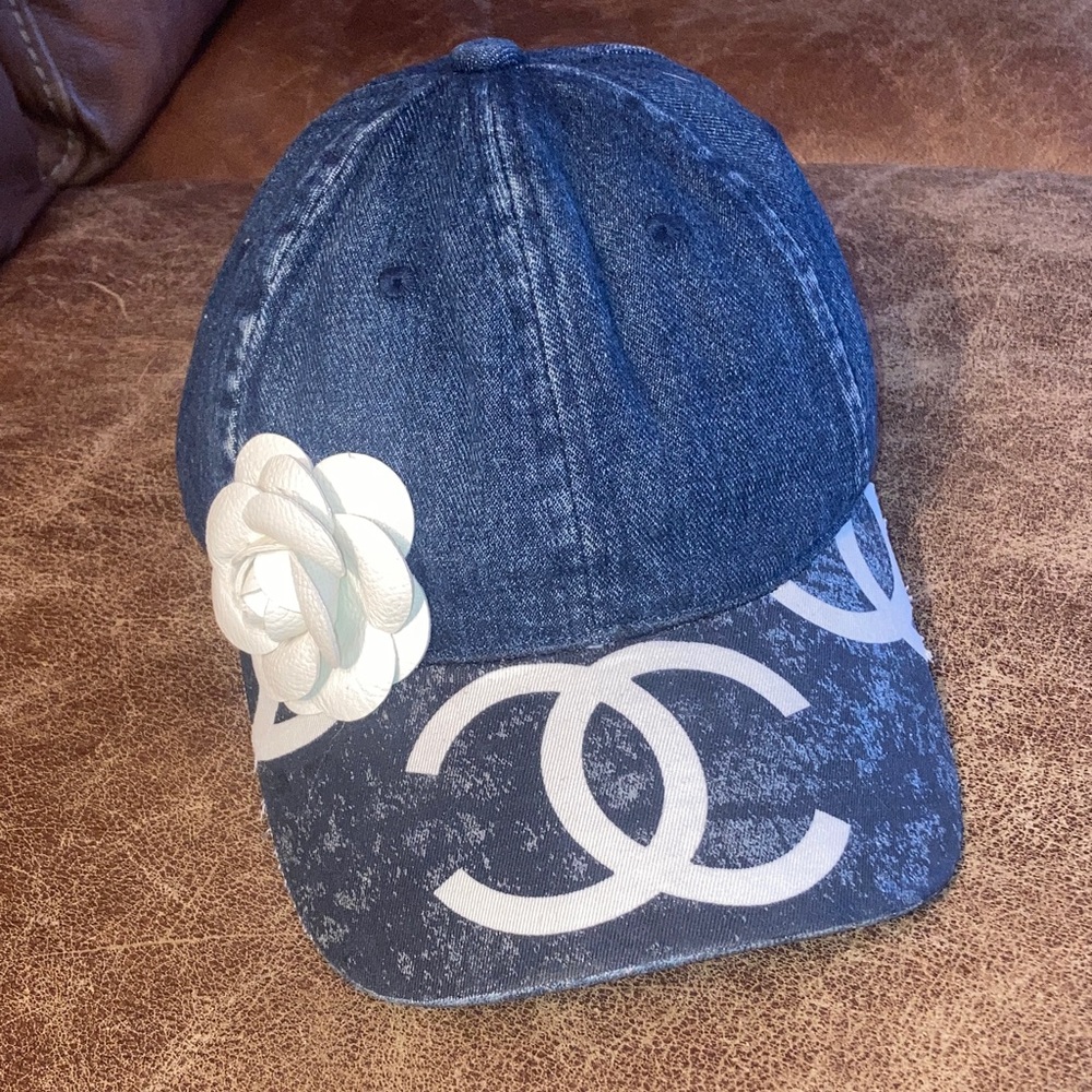 Designer-Inspired Denim Baseball Cap with White Camellia